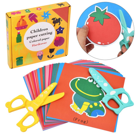 DealKits Lot de 2 ciseaux de sécurité pour enfants + 48 feuilles de papier - Kit d'activités de découpe de papier amusant - Pour