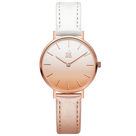 SK Montre pour Femme Ultra Fine et Minimaliste avec Deux Aiguilles et Bracelet en Cuir