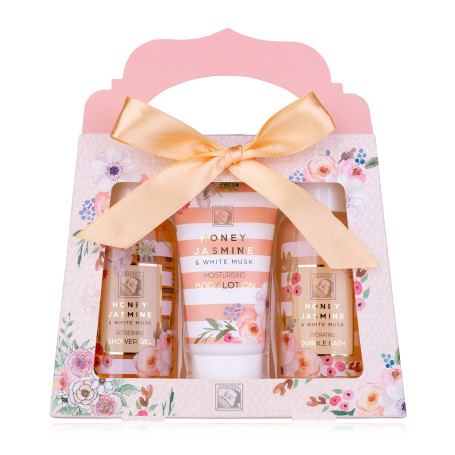 Cadeau Accentra Set de douche pour femmes HONEY JASMINE dans une belle boîte - Set de soins 3 pièces gel douche, lotion et bain 