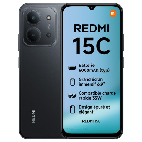 XIAOMI Redmi 15C, Smartphone 4+128Go, écran 6,9 Pouces 120Hz, Design 7,99 mm, MediaTek Helio G81-Ultra, Batterie 6000 mAh, Noir,