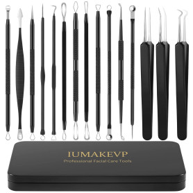 Extracteur Point Noir, IUMAKEVP 15 Pièces Tire Comédons Pince Professionnels en Acier Inoxydable pour Enlever Boutons, Acnés, Bo