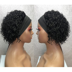 Perruque bandeau cheveux humains pour femmes, Perruque Cheveux Humains bouclée densité 150% Short Curly Headband Wig (noir)