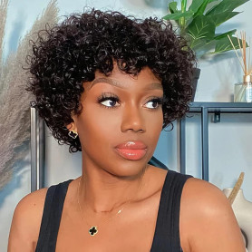 Vikiwmlq Perruque Afro Courte Naturelle Frisée en Cheveux Humains avec Frange - Bouclé - 130% Densité - Taille Moyenne - Noir