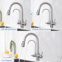 Robinet 3 Voies avec Douchette Extractible & Sortie Eau Filtrée, Robinet de Cuisine à Double Poignée Acier Inoxydable, Rotation 