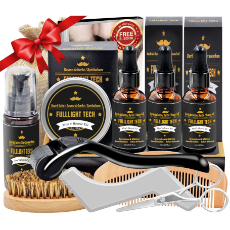 Cadeau Noel Homme,Kit De Coffret Soin Barbe Homme Complet Produit avec Shampoing,Huile Barbe,Peigne,Brosse,Ciseaux,Baume a Barbe