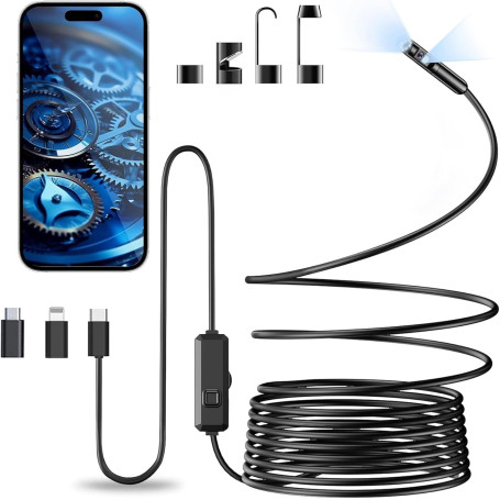 Vexloria Endoscope D'inspection, Camera Endoscopique 1920P HD Serpent Double Objectif, Endoscope Type C, IP68 Etanche Caméra ave