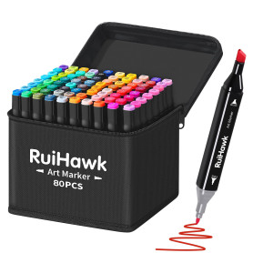 RuiHawk 80 Couleurs Feutre a Alcool, Feutres Coloriage Adulte, Marqueurs à Croquis Double Pointe 2S Séchage Rapide avec Pochette