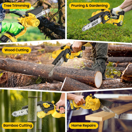 Mini Tronçonneuse Électrique Sans Fil 1000W - 2 Guides Chaîne (6 Et 8 Pouces) - Batterie 21V 4.0Ah - Autonomie 80 Min - Pour Jardin, Taille, Bricolage - Compatible Marque