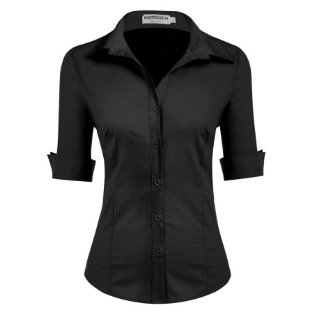 Hotouch Chemisier Femme Coton à Manches Courtes Chemise Classique Boutonnée Shirt Tops Décontracté Col en V Blouse Solide Élégan