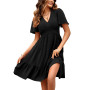JENJON Femme Robe de Eté Col en V Elégant Pois Volants Taille Haute Manches Courtes/Longues Décontractée A-Ligne Mini Robes