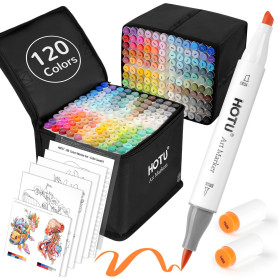 HOTU Feutre a alcool 120 Couleurs, Feutres Coloriage Adulte Pointe Double Feutres à Alcool Marqueurs Pinceau et Ciseau Burin Pou