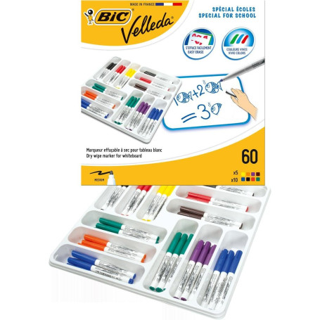 BIC Velleda 1741 Feutres pour Tableau Blanc Effaçables à Sec, Pointe Conique Moyenne - Couleurs Assorties, Classpack de 60