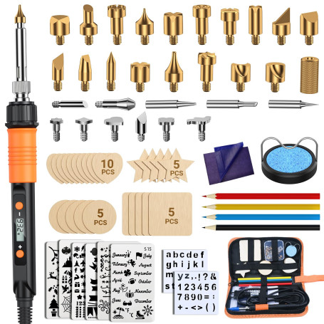 Preciva Pyrograveur sur Bois, 70pcs Graveur Bois avec LCD Stylo à Pyrogravure, 200℃-500℃ Température Réglable Pirogravure pour A