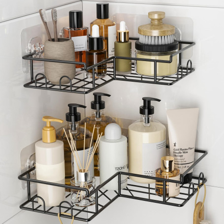 Diboniur Etagere Douche Sans Percage, 2 Pièces Etagere Salle de Bain avec 8 Crochets, Etagere Salle de Bain Sans Percage en Acie