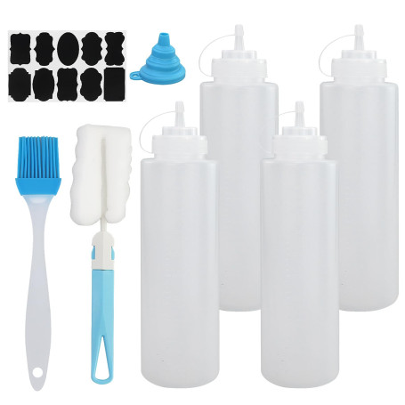 4 Pcs Bouteille Sauce 1000ml, 32oz Flacon Sauce, Plastique Squeeze Bottle, Réutilisable Bouteille à Sauce avec 1 Brosse de Netto