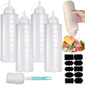 Nadisean 4 Pcs Bouteille Sauce 1000ml, 32oz Flacon Sauce, Plastique Squeeze Bottle, Réutilisable Bouteille à Sauce avec 1 Brosse