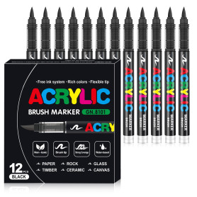 WOGOPRO Feutre Acrylique Noir, 12 Marqueur Acrylique, Liquide Direct Acrylic Paint Marker, Stylo Acrylic pour Coloriage, Calligr