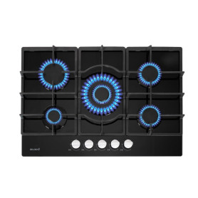 Plaque gaz 5 feux en verre noir - Brûleurs et grilles en fonte - 10 800 Watts encastrement 56x49 cm