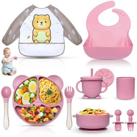 Dazhtu Assiette bebe Set, 11 Pièces Coffret Repas Bebe Silicone, Vaisselle Assiette ventouse pour bébé, Bavoir Silicone Bebe, Cu