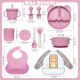 Dazhtu Assiette bebe Set, 11 Pièces Coffret Repas Bebe Silicone, Vaisselle Assiette ventouse pour bébé, Bavoir Silicone Bebe, Cu