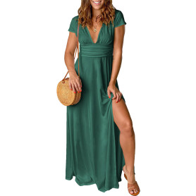 QUNERY Robe Longue Femme Ete Robe de Plage Manches Courtes Robe D'été Casual col en V Taille Haute Robe Cocktail Demoiselle d'ho