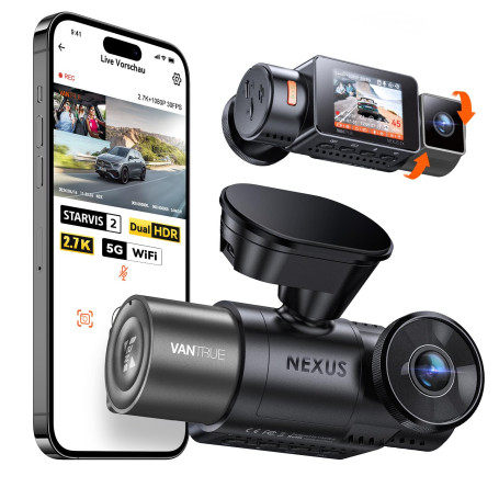 VANTRUE N2X 2.7K+1080P Dashcam Voiture Avant Intérieur, STARVIS 2 Double HDR Camera Embarquée Infrarouge, Support LTE, 5GHz WiFi