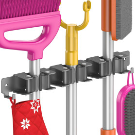 Quirlig Porte Balais Mural, Accroche Balai Mural avec 3 Supports et 2 Crochets, Support Balais Mural sans Percage, Attache Range