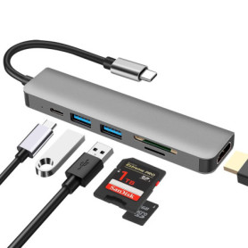 Hub USB C, 6 en 1 DEMKICO Adaptateur Multiport Type C avec HDMI 4K, Lecteur de Cartes SD/TF, Port USB 3.0 & USB 2.0, Port PD 100
