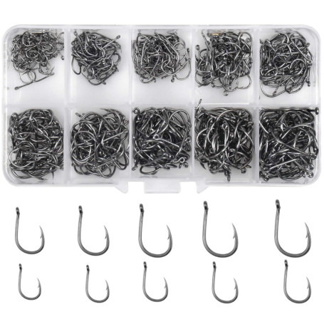 Skyzone Hameçon de Pêche, Lot de 500 Hameçons en Acier Carbone 10 tailles assorties (3#-12#) avec ardillons hameçons mer avec bo