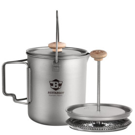 Bestargot Cafetiere Camping en Titane 750ml,Cafetière à Piston,Ultralight Tasse à Titane,Popote Bivouac Multifonctions,Titane Pu