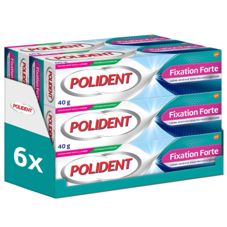 Polident Crème fixative Forte Toute La Journée, Pour Prothèses Dentaires Partielles ou Complètes, lot de 6x40g