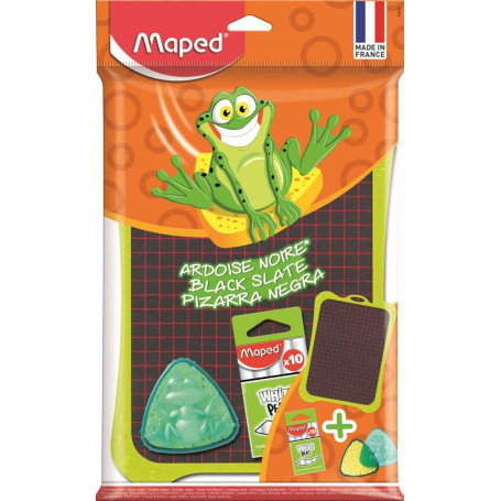 Maped - Ardoise Scolaire Graphite avec Éponge + Boîte 10 Craies Blanches - Ardoise Noire Double Face, Unie et Quadrillée - Dessi