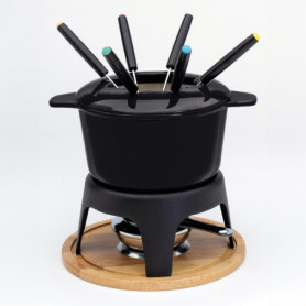 Baumalu 385051 Service à Fondue Fonte Noir avec Plateau en Bois, Métal