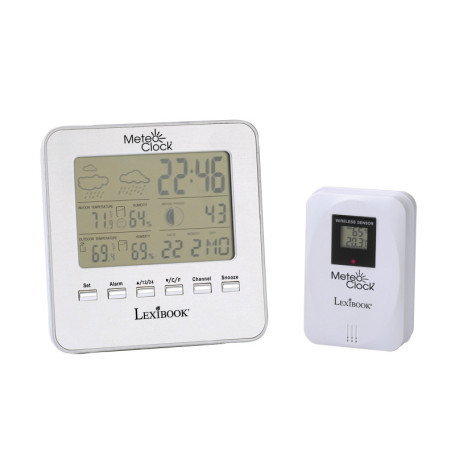 Lexibook Station Météo Meteoclock Silver, Capteur exterieur Waterproof, Phase lunaire, Alarme et fonction Snooze, à piles, argen