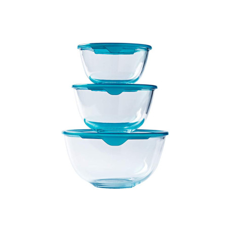 Pyrex - Lot de 3 bols en verre résistants avec couvercle - 0,5L - 1L - 2L - Couvercles hermétiques - Made in France