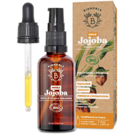 Bionoble Huile de Jojoba Bio 50ml + Pipette et Pompe - Bouteille en Verre - 100% Pure, Naturelle, Pressée à Froid - Huile de Joj