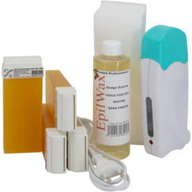 EpilWax - Kit Chauffe Cire Épilation Professionnelle avec 4 x Recharges Roll on Cire Miel, 100 x Bandes d'Épilation et Huile apr