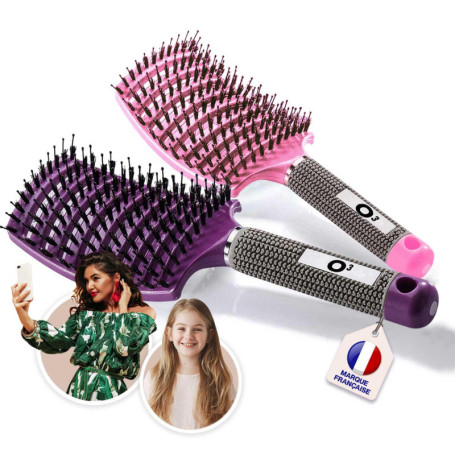 2 Brosses à Cheveux en Poils de sanglier- Démélant 100% Narurel - Démêler sans larmes ! Set Brosses (Rose et violette)