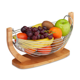 Relaxdays Corbeille à fruits Hamac bambou, barres inox, Balançoire, design grille déco,18,5 x 38 x 23 cm, nature/argent