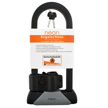 Nean Antivol en U pour vélo, quatre pans, support, 2 clés, extra massif, 16 x 16 mm, 167 x 330 x 40 mm