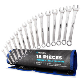 WERKFIX Jeu de Clés Plates Mixtes - 15 Clés à fourches polygonales 6-21 mm. Clés Mixtes + Sac de transport.