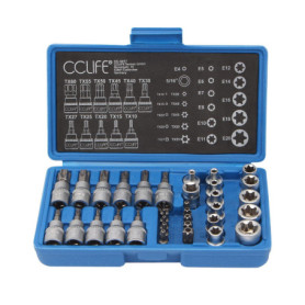 CCLIFE 34 Pièces Coffret douilles torx femelle 3/8" profil E4-E20, Embout torx étoilé profil T10-T60 en Acier S2, Adaptateur 3/8