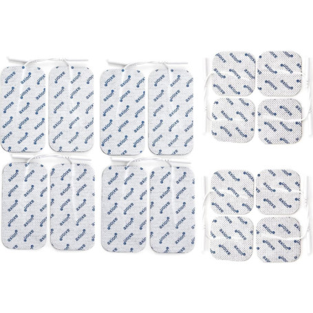 16 électrodes axion | Patchs 10x5 cm et 5x5 cm pour électrostimulateur TENS et/ou EMS réutilisables et autocollants avec connexi