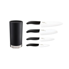 Kyocera KB-RD BK 4KN FK EU Set de couteaux en céramique avec couteau universel, couteau Santoku et bloc rond pour 8 couteaux, la