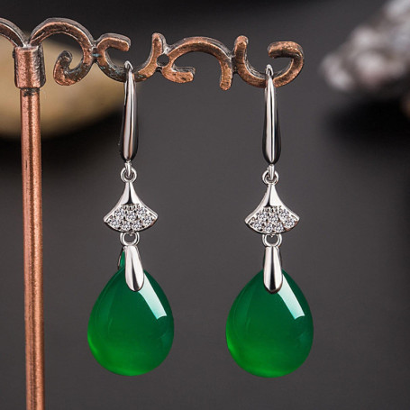Vintage Naturel Émeraude Jade Calcédoine Femme Boucles d'oreilles 925 Argent Goutte d'eau Vert Jadéite Pierres Précieuses Bijoux