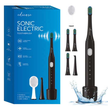 Edicare, Brosse à Dent Électrique, Sonique, 5 Têtes de Brosse, Rechargeable, USB, étanche IPX7, 5 Modes de Fonctionnement, Netto