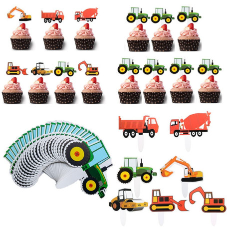 Ohaoduo Lot de 56 décorations pour cupcakes en forme de véhicule de chantier, pelleteuse, décoration de gâteau, voiture, thème c