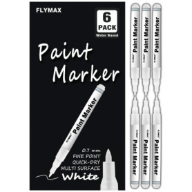 FLYMAX Lot de 6 marqueurs blancs de 0,7 mm pour bois, pierre, plastique, cuir, pierre, métal, toile, céramique, pointe extra fin
