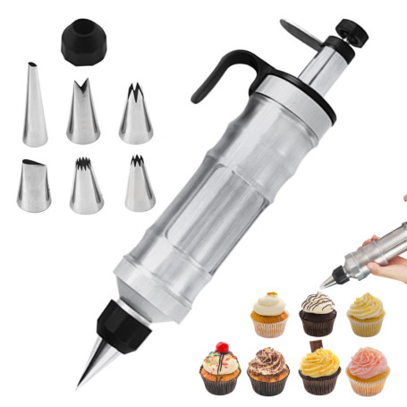 LEKEFETO Seringue à garnir professionnelle en acier inoxydable avec 6 douilles, seringue à gâteau, seringue à beignets, pour con