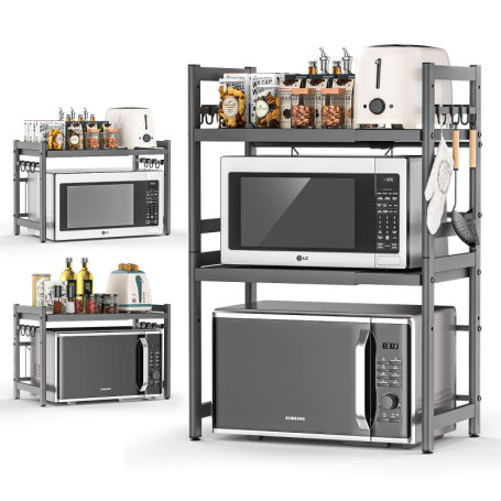 Glovios Support pour Micro Onde et Four Extensible Etagere Micro-Ondes 3 Niveaux, Support en Métal Four à Micro-étagère pour Mic